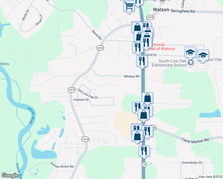map of restaurants, bars, coffee shops, grocery stores, and more near 7711 Old Live Oak Drive in Denham Springs