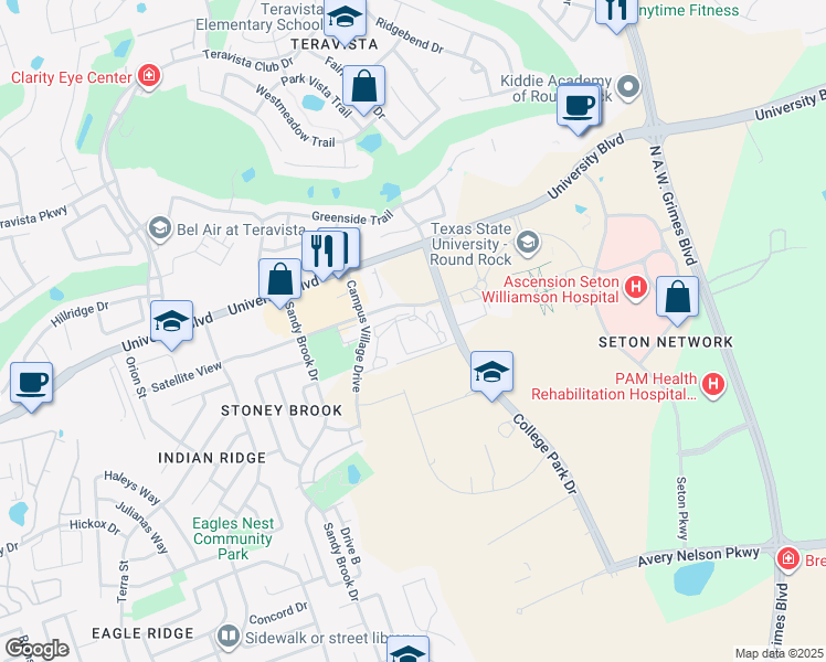 map of restaurants, bars, coffee shops, grocery stores, and more near 1401 University Boulevard in Round Rock