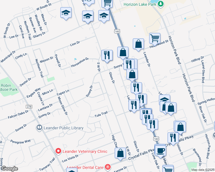 map of restaurants, bars, coffee shops, grocery stores, and more near 902 South West Drive in Leander