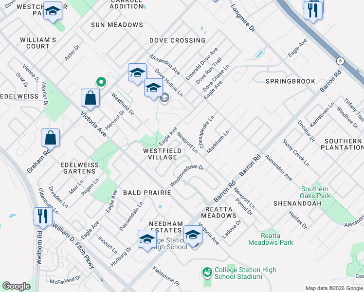 map of restaurants, bars, coffee shops, grocery stores, and more near 902 Crested Point Drive in College Station