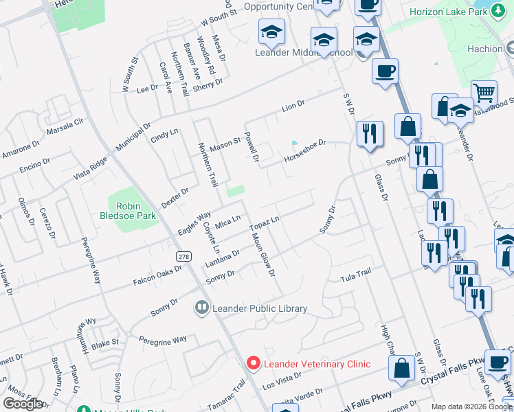 map of restaurants, bars, coffee shops, grocery stores, and more near 716 Kaluga Trail in Leander