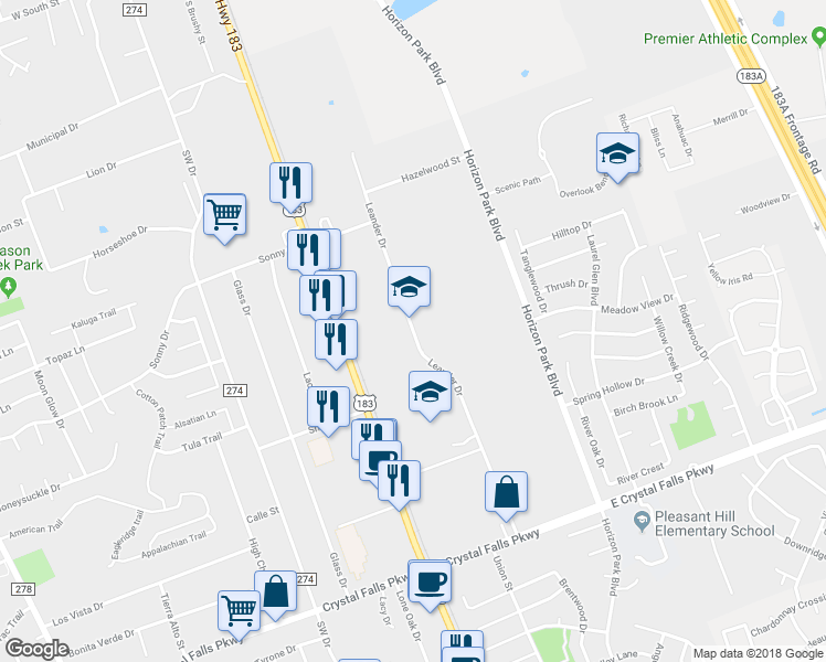 map of restaurants, bars, coffee shops, grocery stores, and more near 1014 Leander Drive in Leander