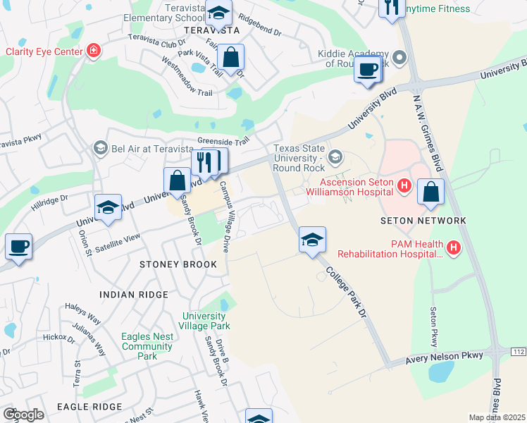 map of restaurants, bars, coffee shops, grocery stores, and more near 1401 Satellite View in Round Rock