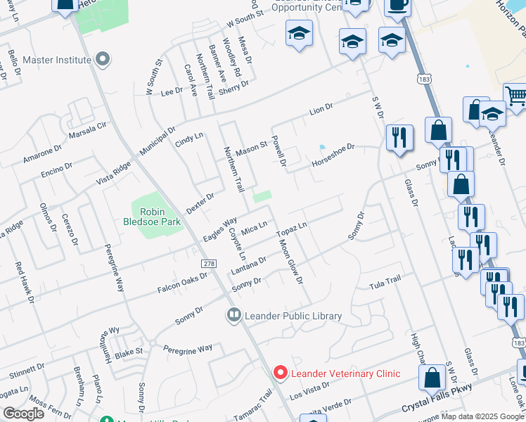 map of restaurants, bars, coffee shops, grocery stores, and more near 804 Eagles Way in Leander