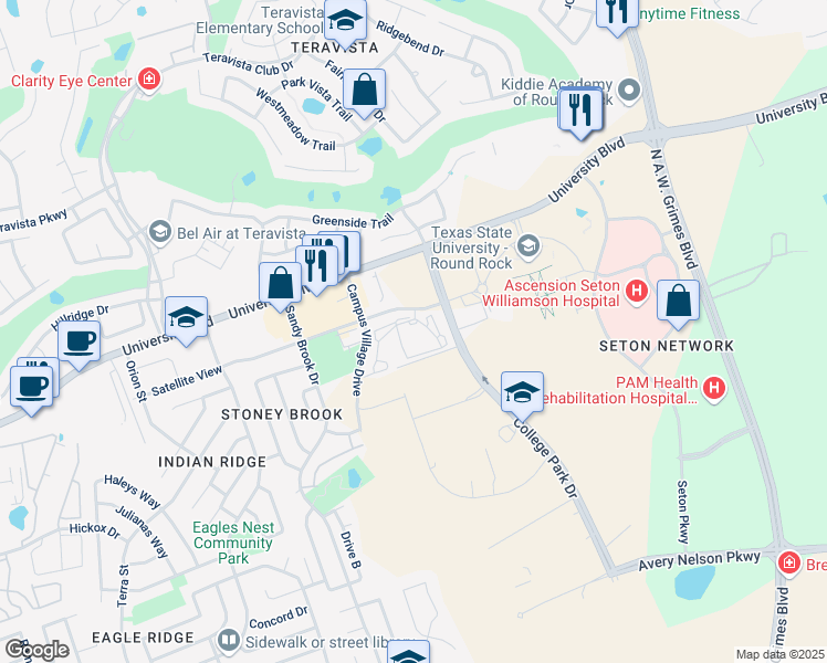 map of restaurants, bars, coffee shops, grocery stores, and more near 1401 Satellite View in Round Rock