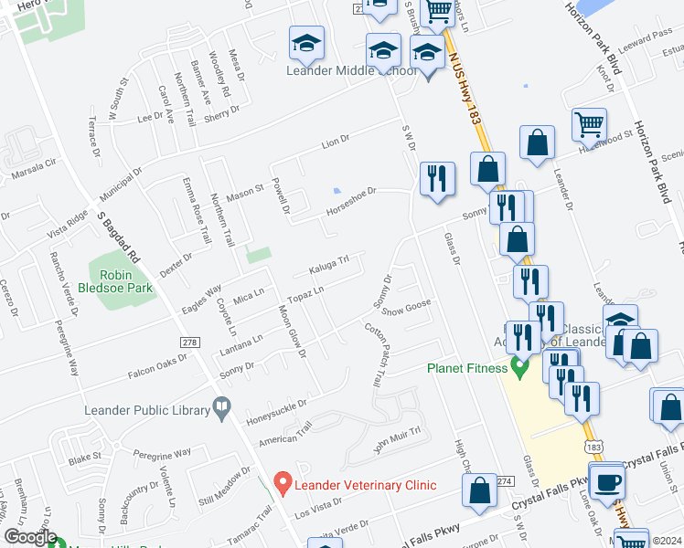 map of restaurants, bars, coffee shops, grocery stores, and more near 601 Topaz Lane in Leander