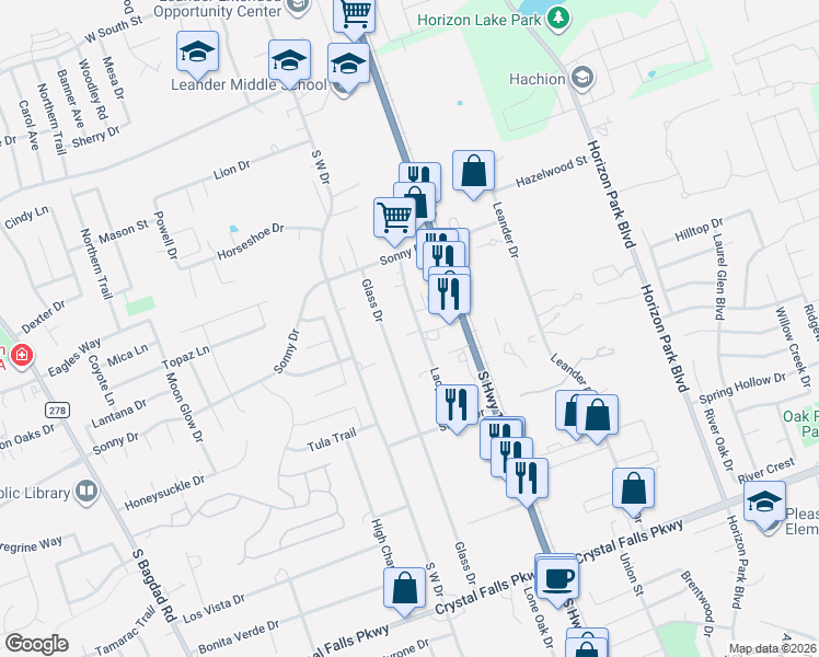 map of restaurants, bars, coffee shops, grocery stores, and more near 909 Lacy Drive in Leander