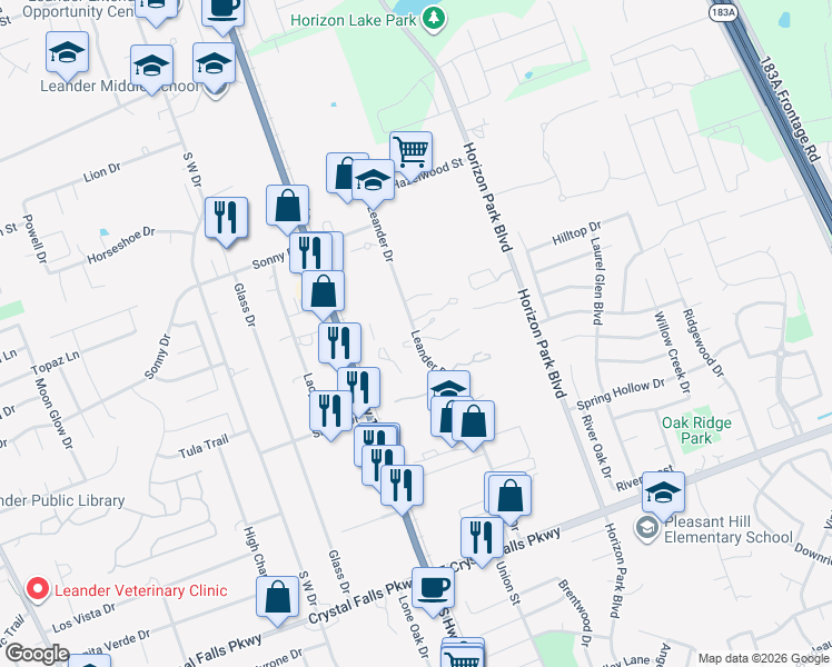 map of restaurants, bars, coffee shops, grocery stores, and more near 1028 Leander Dr in Leander