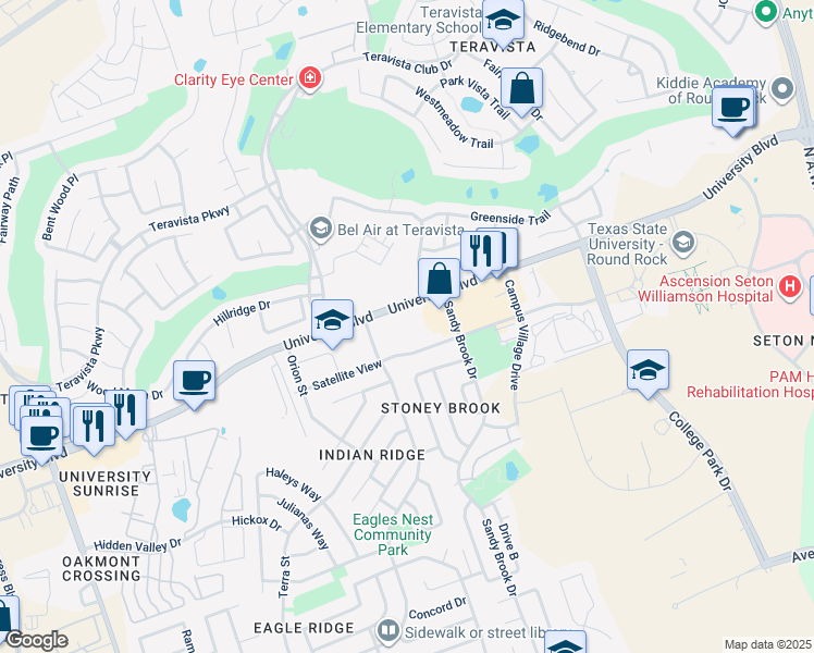 map of restaurants, bars, coffee shops, grocery stores, and more near 912 Satellite View in Round Rock