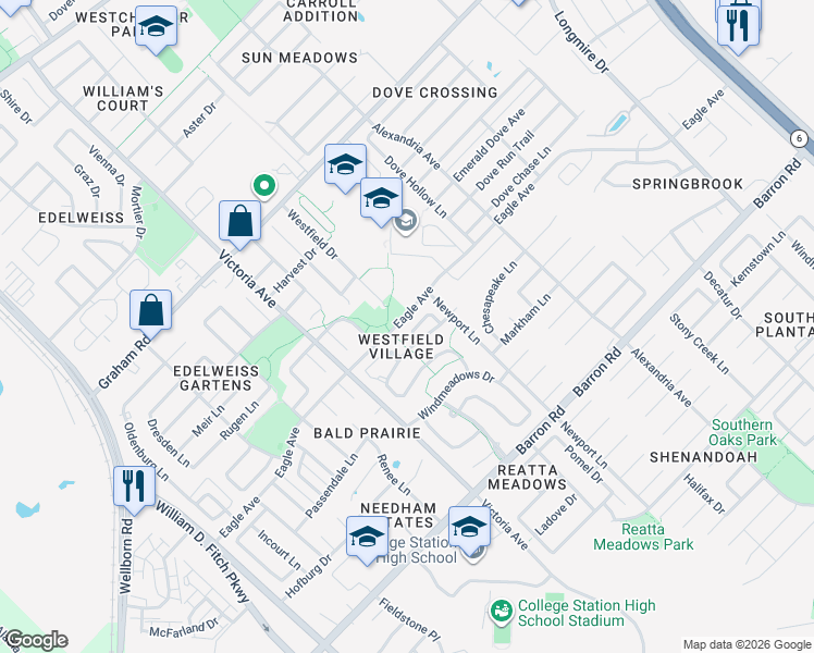 map of restaurants, bars, coffee shops, grocery stores, and more near 1001 Fallbrook Loop in College Station