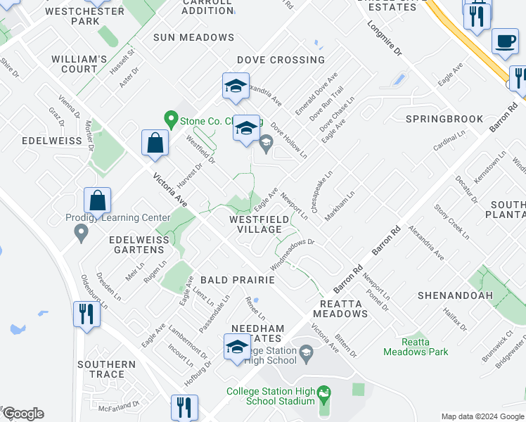 map of restaurants, bars, coffee shops, grocery stores, and more near 1009 Fallbrook Loop in College Station