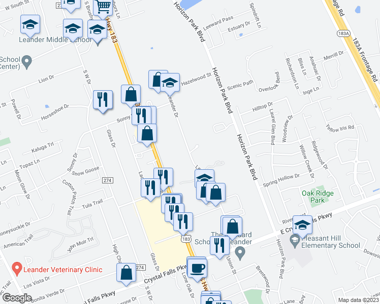 map of restaurants, bars, coffee shops, grocery stores, and more near 1006 Leander Drive in Leander