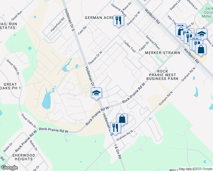 map of restaurants, bars, coffee shops, grocery stores, and more near Oak Crest in College Station