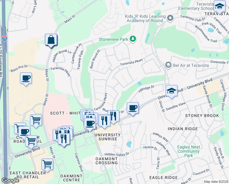 map of restaurants, bars, coffee shops, grocery stores, and more near 4106 Meadow Bluff Way in Round Rock