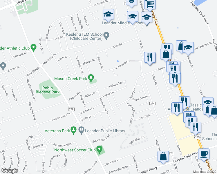 map of restaurants, bars, coffee shops, grocery stores, and more near 601 Kaluga Trail in Leander
