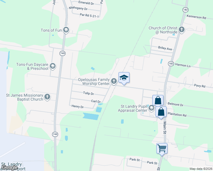 map of restaurants, bars, coffee shops, grocery stores, and more near 293-315 Carl Dr in Opelousas