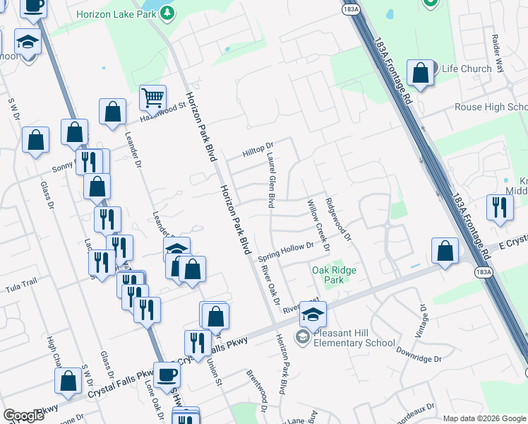 map of restaurants, bars, coffee shops, grocery stores, and more near 706 Ridge View Drive in Leander