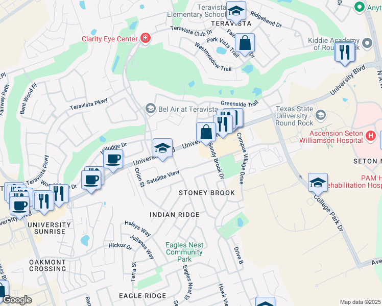 map of restaurants, bars, coffee shops, grocery stores, and more near 912 Satellite View in Round Rock