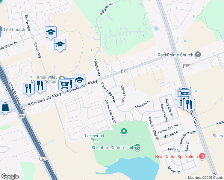 map of restaurants, bars, coffee shops, grocery stores, and more near 1713 Elaina Loop in Leander