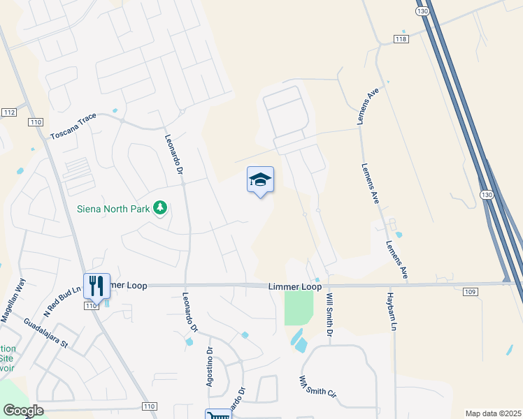 map of restaurants, bars, coffee shops, grocery stores, and more near 555 Limmer Loop in Hutto