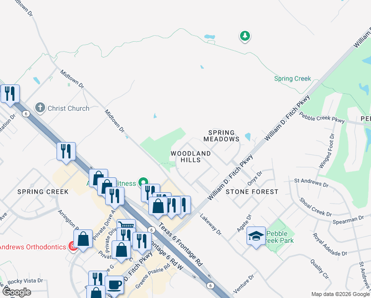 map of restaurants, bars, coffee shops, grocery stores, and more near 4411 Woodland Ridge Drive in College Station