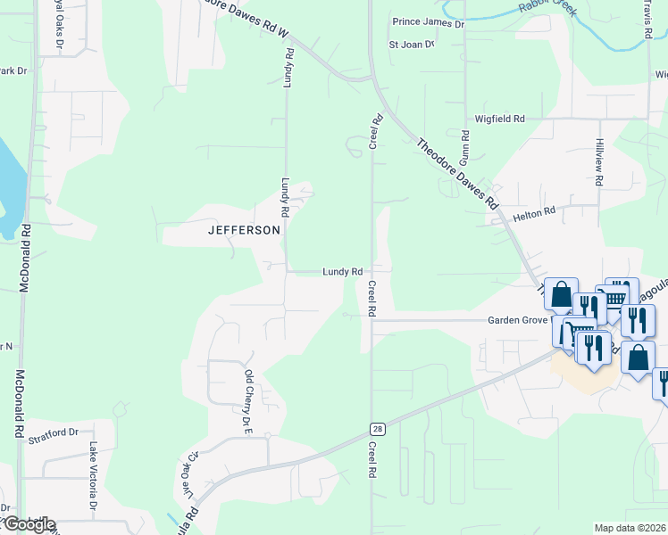 map of restaurants, bars, coffee shops, grocery stores, and more near 6090 Lundy Road in Theodore