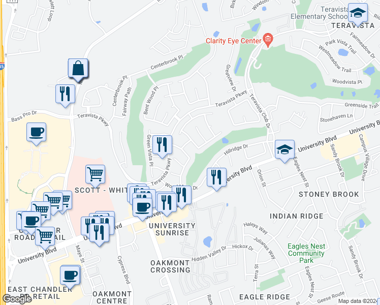 map of restaurants, bars, coffee shops, grocery stores, and more near 4105 Meadow Bluff Way in Round Rock