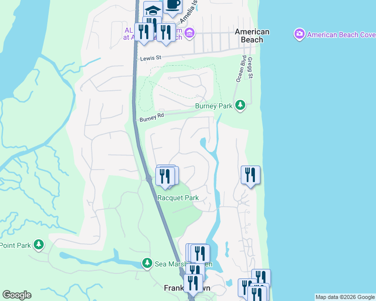 map of restaurants, bars, coffee shops, grocery stores, and more near 17 Buck Thorne Drive in Fernandina Beach