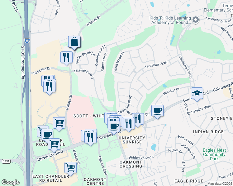 map of restaurants, bars, coffee shops, grocery stores, and more near 702 Old Ravine Court in Round Rock