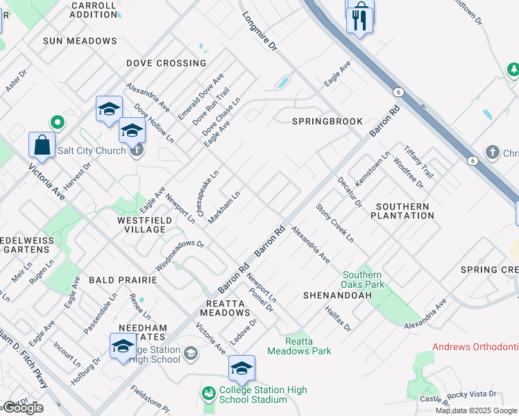 map of restaurants, bars, coffee shops, grocery stores, and more near 1217 Mullins Court in College Station