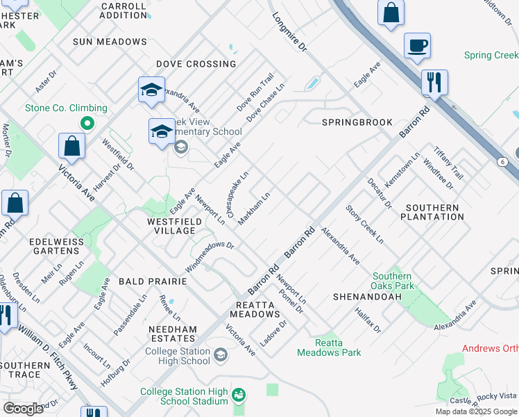 map of restaurants, bars, coffee shops, grocery stores, and more near 1200 Markham Lane in College Station