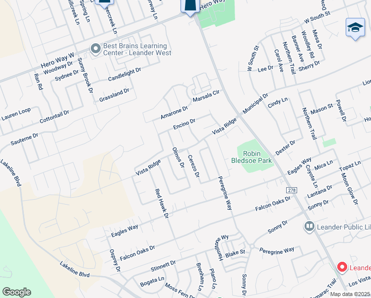 map of restaurants, bars, coffee shops, grocery stores, and more near Vista Ridge in Leander