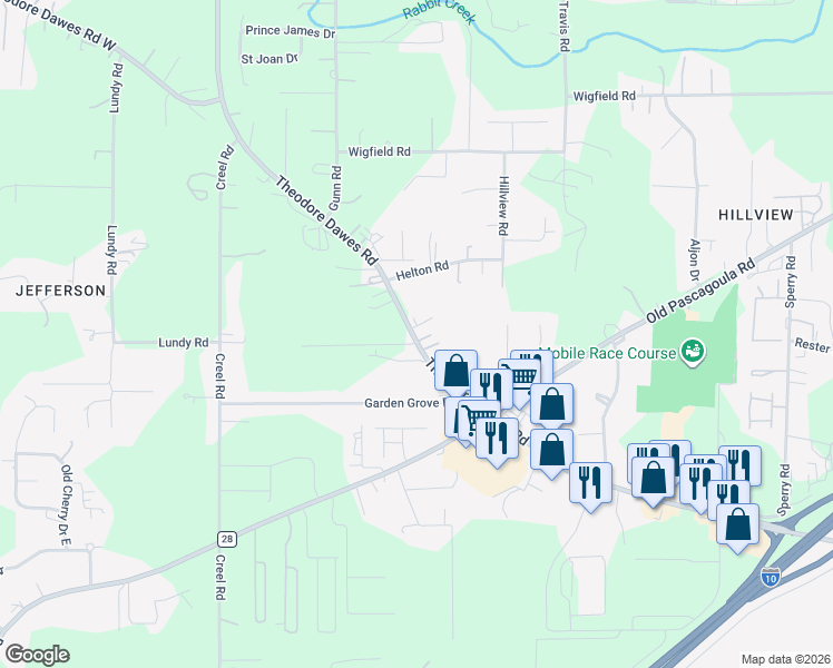 map of restaurants, bars, coffee shops, grocery stores, and more near 7500 Theodore Dawes Rd in Theodore