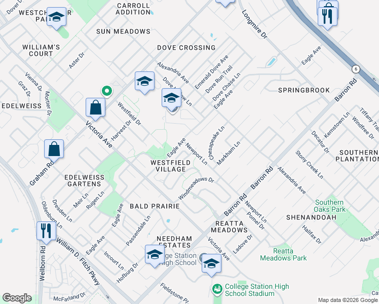 map of restaurants, bars, coffee shops, grocery stores, and more near 1103 Crested Point Court in College Station