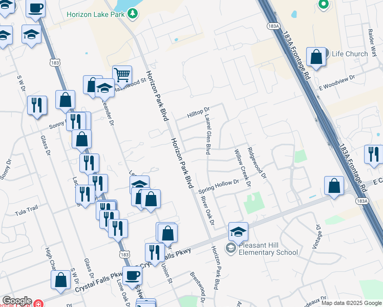 map of restaurants, bars, coffee shops, grocery stores, and more near 608 Meadow View Drive in Leander