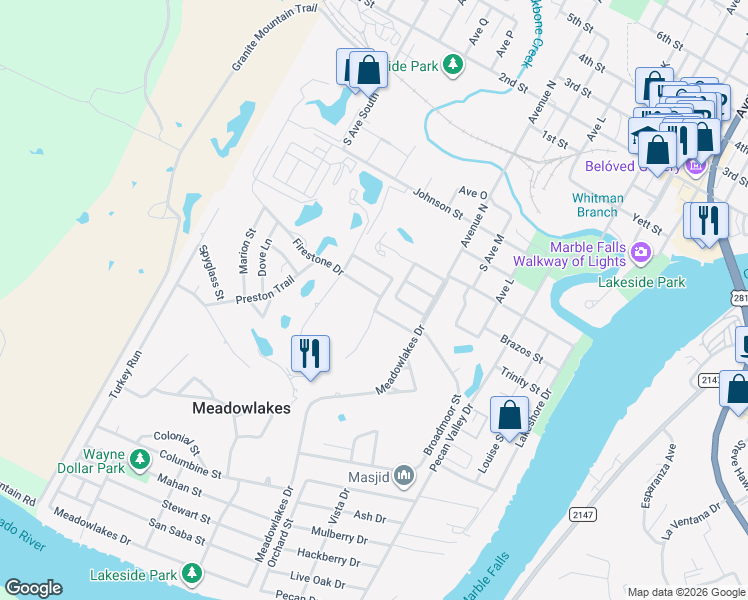 map of restaurants, bars, coffee shops, grocery stores, and more near 301 Limestone Street in Marble Falls