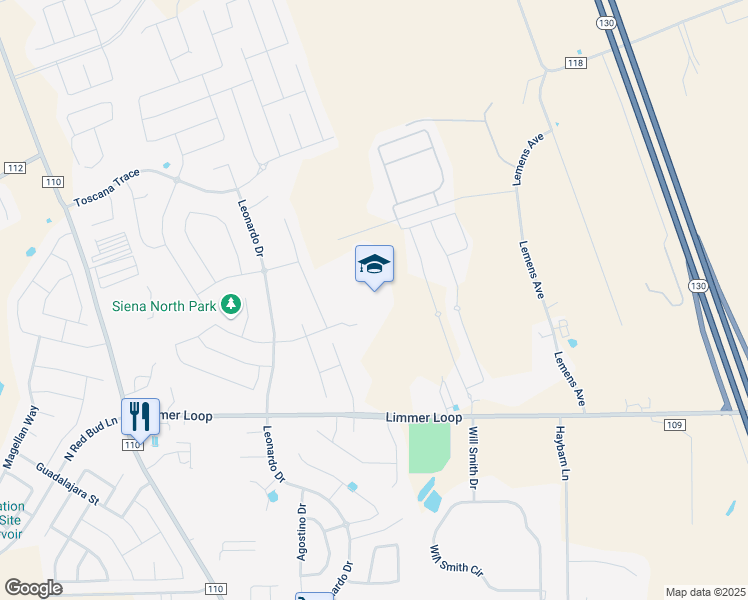 map of restaurants, bars, coffee shops, grocery stores, and more near 555 Limmer Loop in Hutto