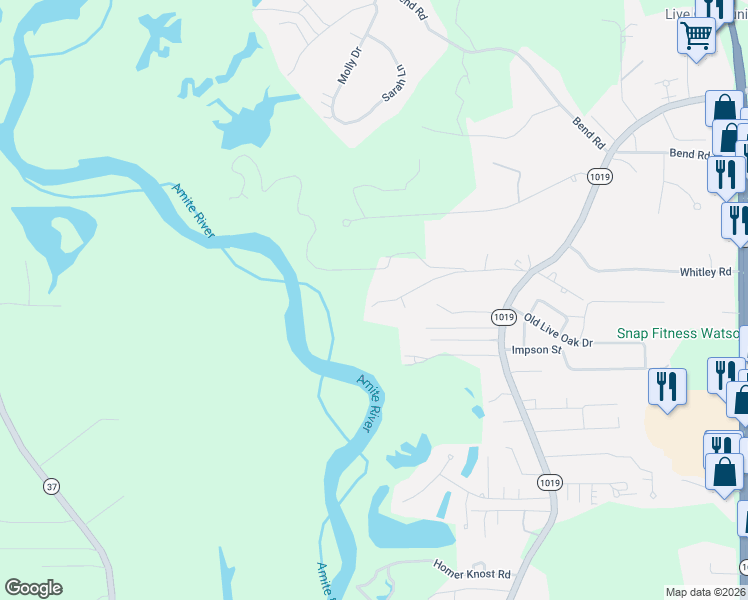 map of restaurants, bars, coffee shops, grocery stores, and more near 7003 Chandler Bluff Road in Denham Springs