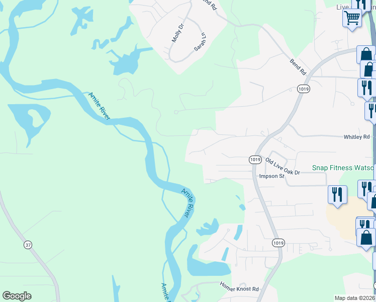 map of restaurants, bars, coffee shops, grocery stores, and more near 7003 Chandler Bluff Road in Denham Springs
