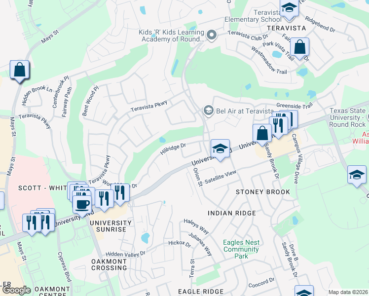 map of restaurants, bars, coffee shops, grocery stores, and more near 1302 Hillridge Drive in Round Rock