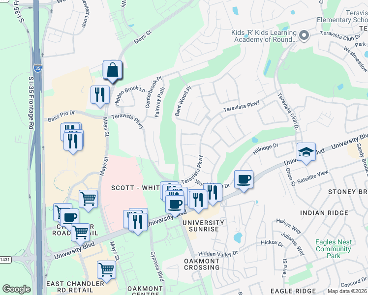 map of restaurants, bars, coffee shops, grocery stores, and more near 702 Old Ravine Court in Round Rock
