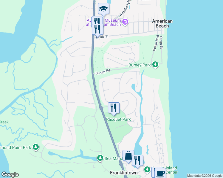 map of restaurants, bars, coffee shops, grocery stores, and more near 13 Sparkleberry Court in Fernandina Beach