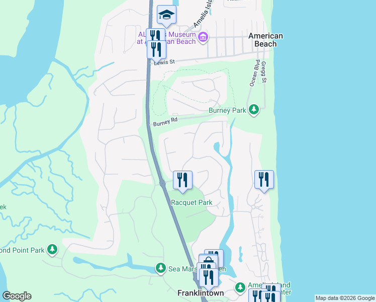 map of restaurants, bars, coffee shops, grocery stores, and more near 13 Sparkleberry Court in Fernandina Beach