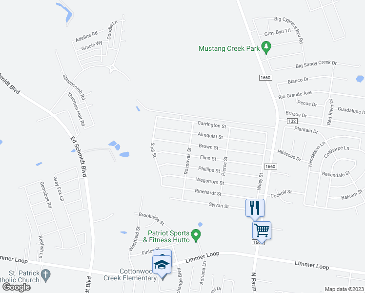 map of restaurants, bars, coffee shops, grocery stores, and more near 305 Brown Street in Hutto