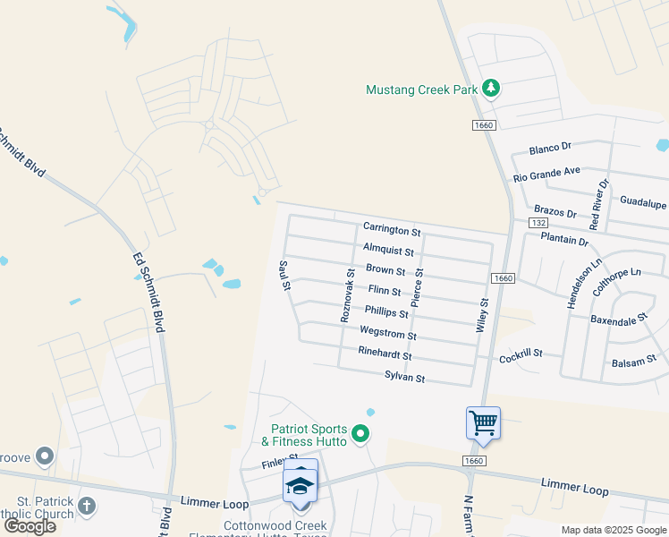map of restaurants, bars, coffee shops, grocery stores, and more near 307 Brown Street in Hutto