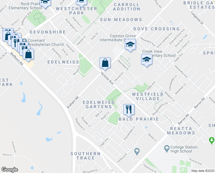map of restaurants, bars, coffee shops, grocery stores, and more near 3708 Ardenne Court in College Station