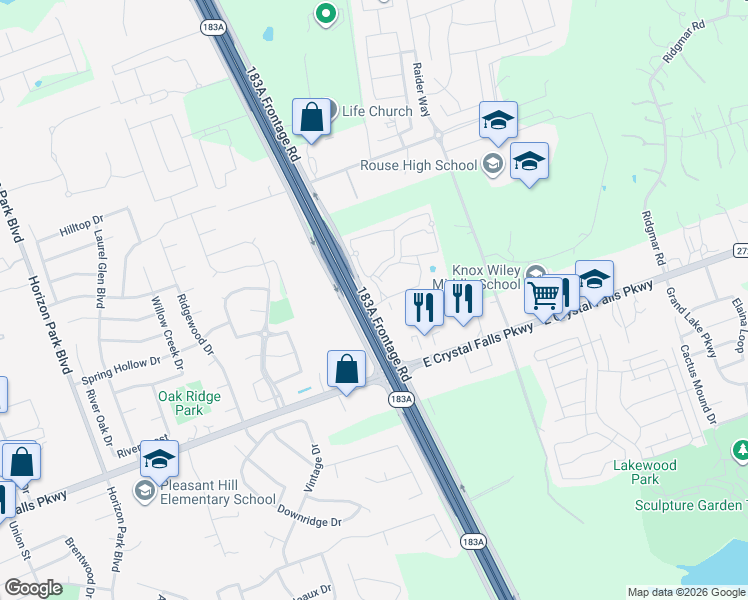 map of restaurants, bars, coffee shops, grocery stores, and more near 7740 183A Frontage Road in Leander