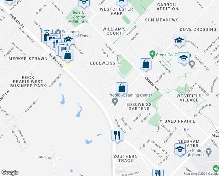 map of restaurants, bars, coffee shops, grocery stores, and more near 100 Mortier Drive in College Station