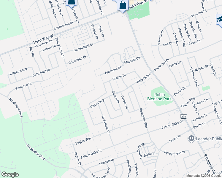 map of restaurants, bars, coffee shops, grocery stores, and more near 311 Bonita Court in Leander