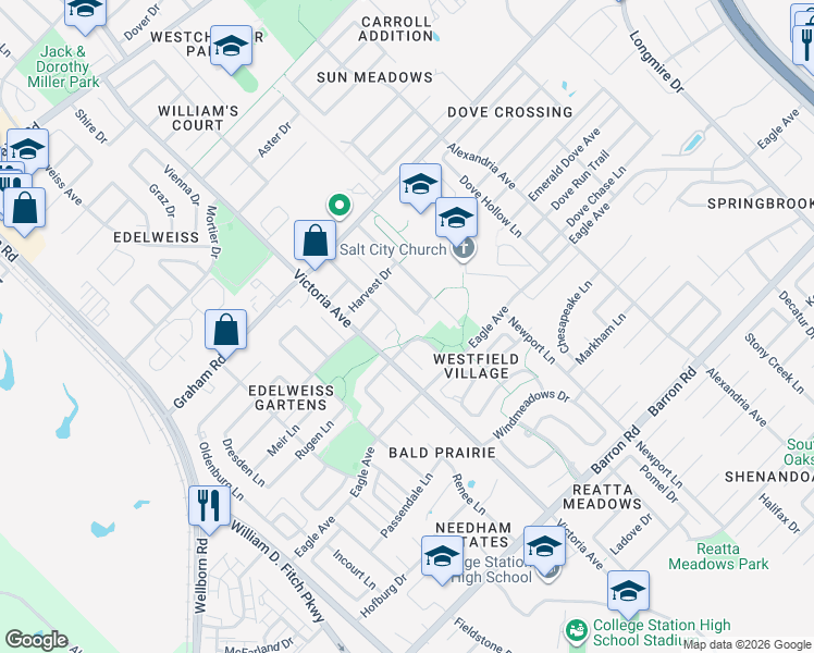 map of restaurants, bars, coffee shops, grocery stores, and more near 3820 Springfield Drive in College Station